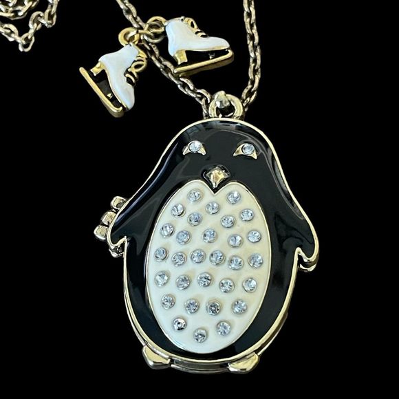 Princess Vera Wang Penguin Locket Necklace Rhinestones Enamel Skates Star Heart - Picture 3 of 6